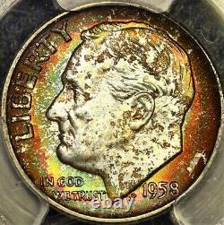 True Rainbow Toned PCGS MS66FB 1958 D Roosevelt Dime 10c PQ Two Sided Color